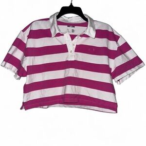 DKNY Cropped Pink and White Striped Polo